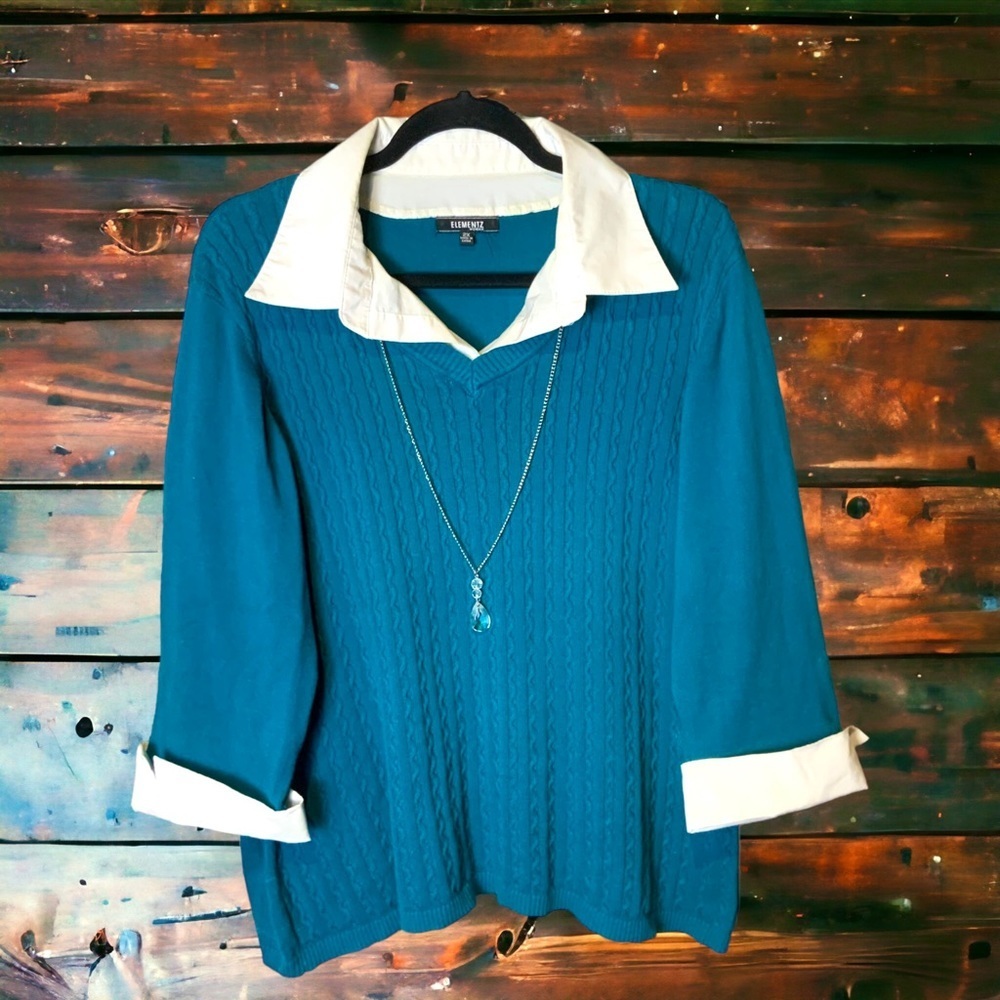 Elementz Dark Teal Blue Layer Look Sweater Blouse w Detachable Necklace Wm 2X